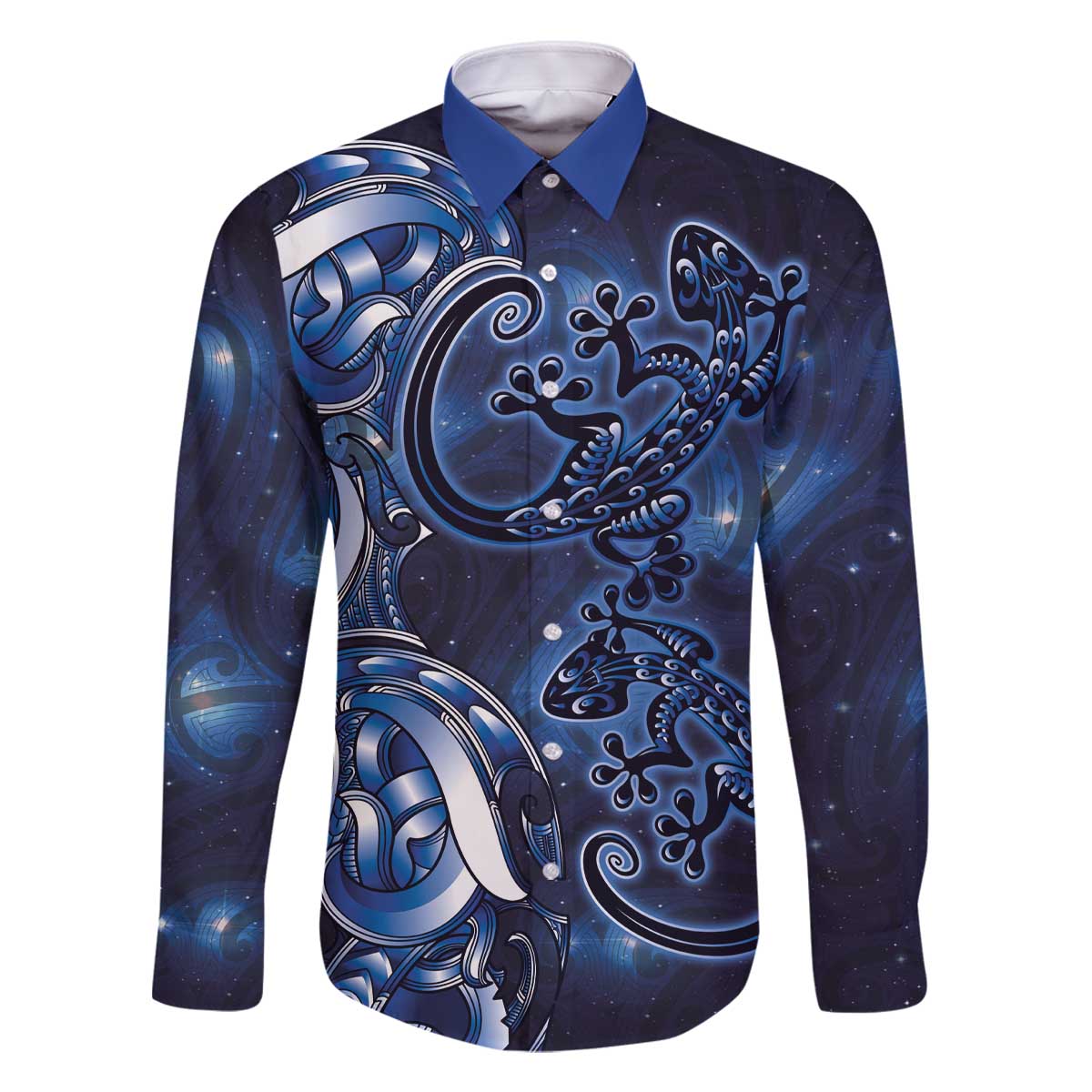 New Zealand Gecko Maori Art Tattoo Family Matching Off The Shoulder Long Sleeve Dress and Hawaiian Shirt Matariki Mode LT03 Dad's Shirt - Long Sleeve Blue - Polynesian Pride