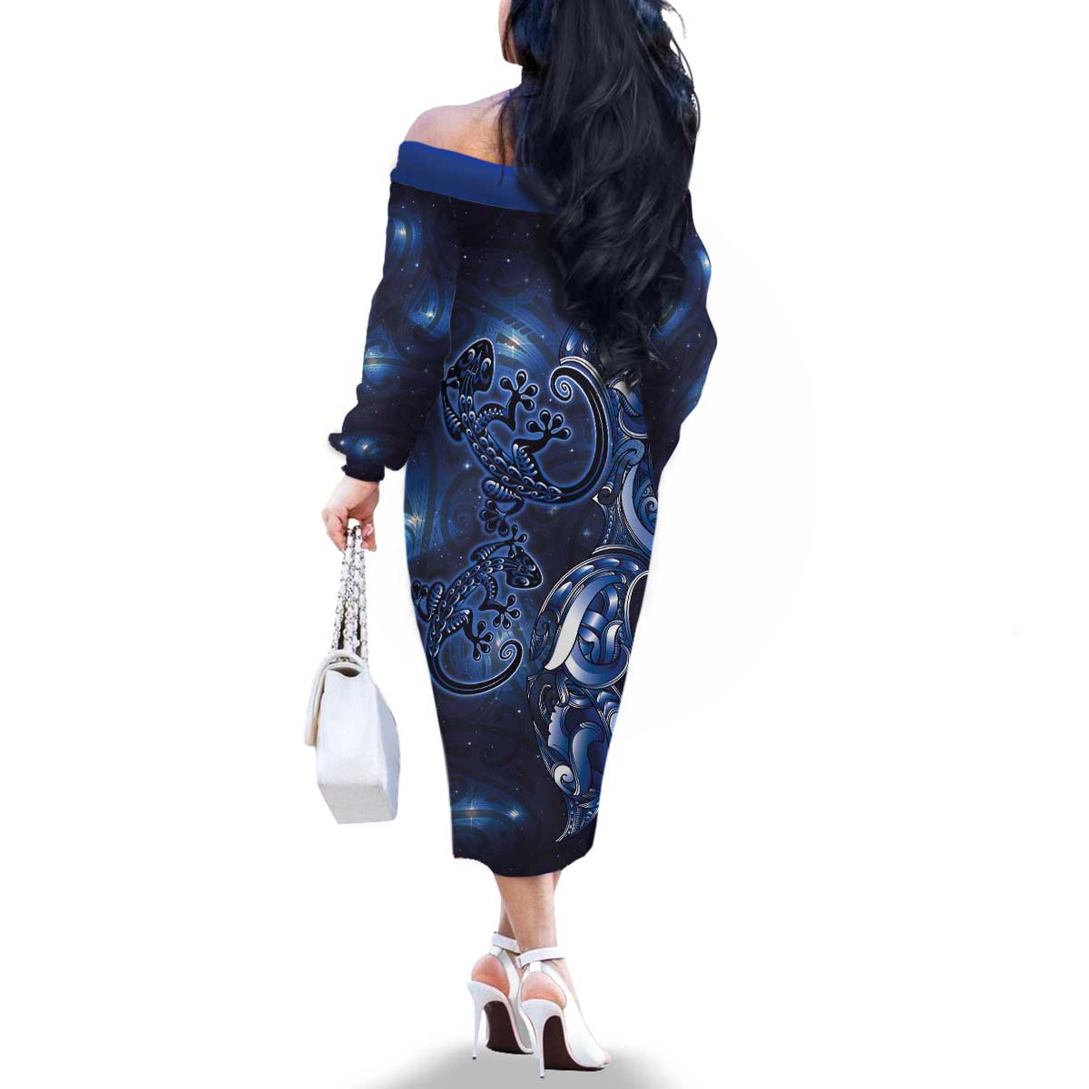 New Zealand Gecko Maori Art Tattoo Family Matching Off The Shoulder Long Sleeve Dress and Hawaiian Shirt Matariki Mode LT03 - Polynesian Pride