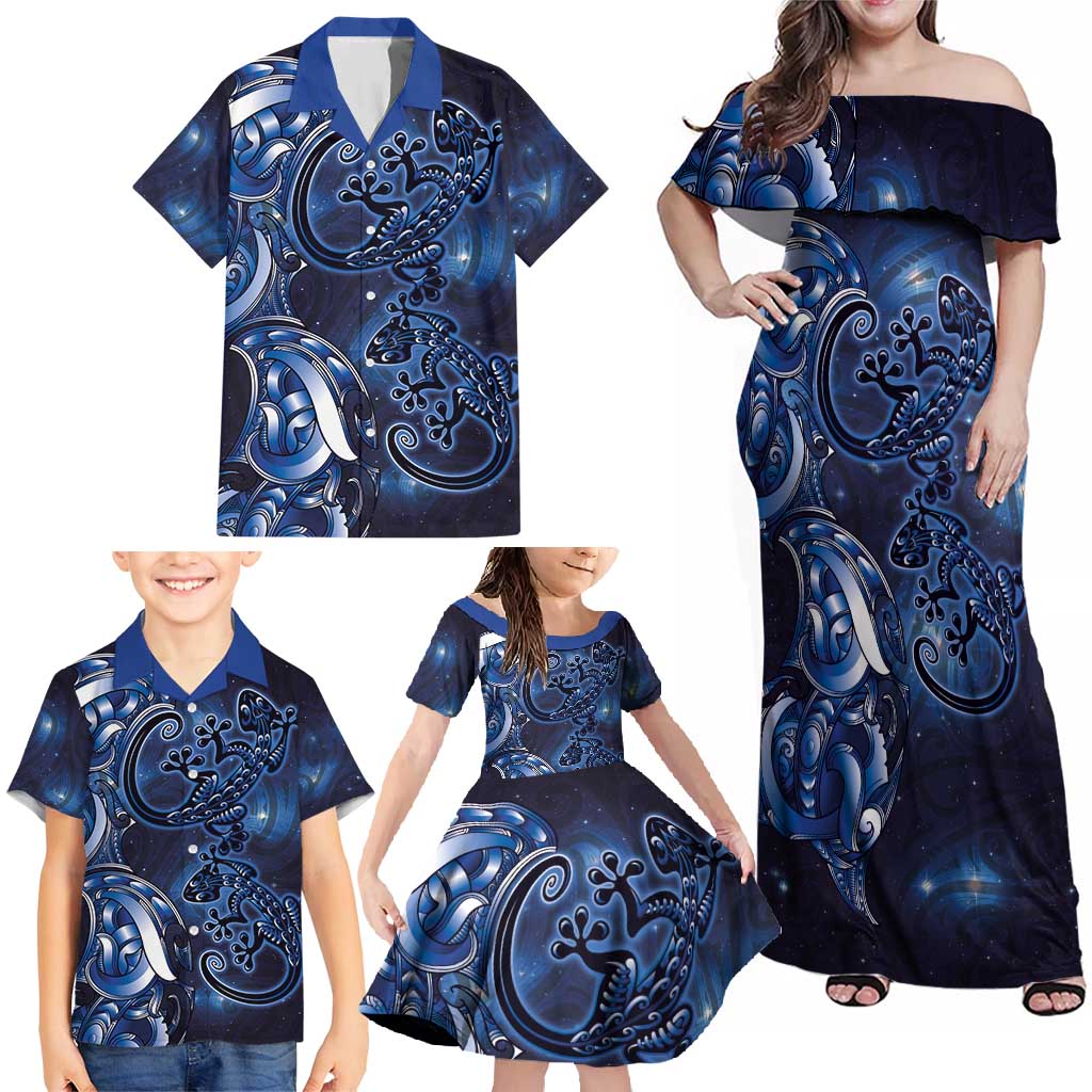 New Zealand Gecko Maori Art Tattoo Family Matching Off Shoulder Maxi Dress and Hawaiian Shirt Matariki Mode LT03 - Polynesian Pride