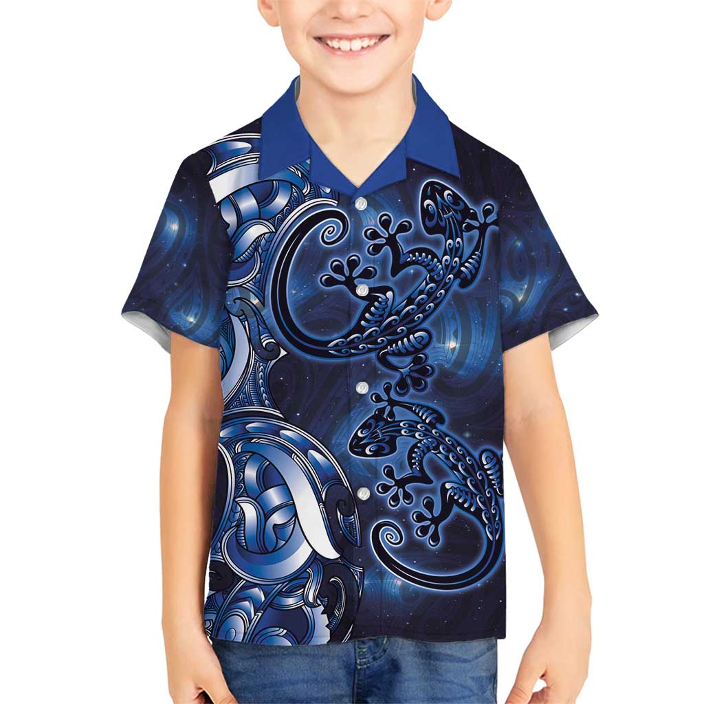 New Zealand Gecko Maori Art Tattoo Family Matching Off Shoulder Maxi Dress and Hawaiian Shirt Matariki Mode LT03 Son's Shirt Blue - Polynesian Pride