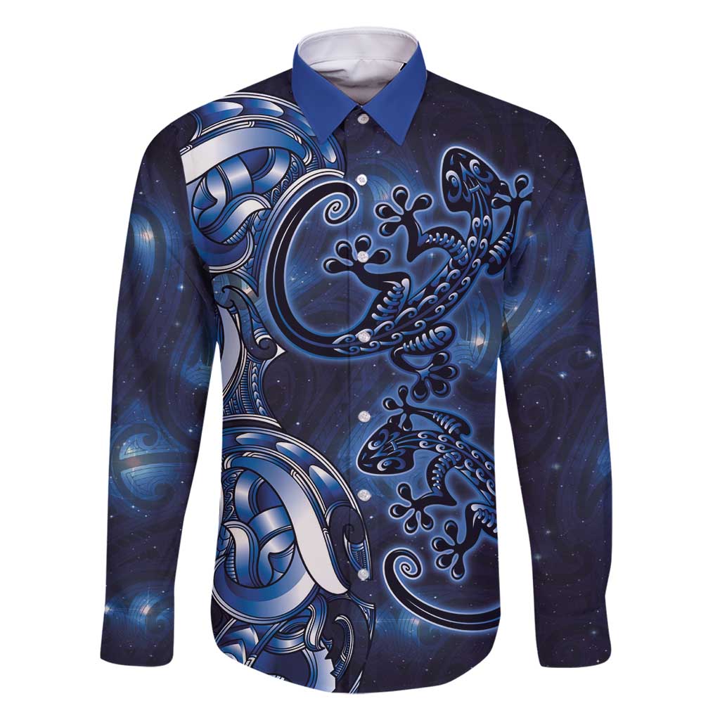 New Zealand Gecko Maori Art Tattoo Family Matching Off Shoulder Short Dress and Hawaiian Shirt Matariki Mode LT03 Dad's Shirt - Long Sleeve Blue - Polynesian Pride