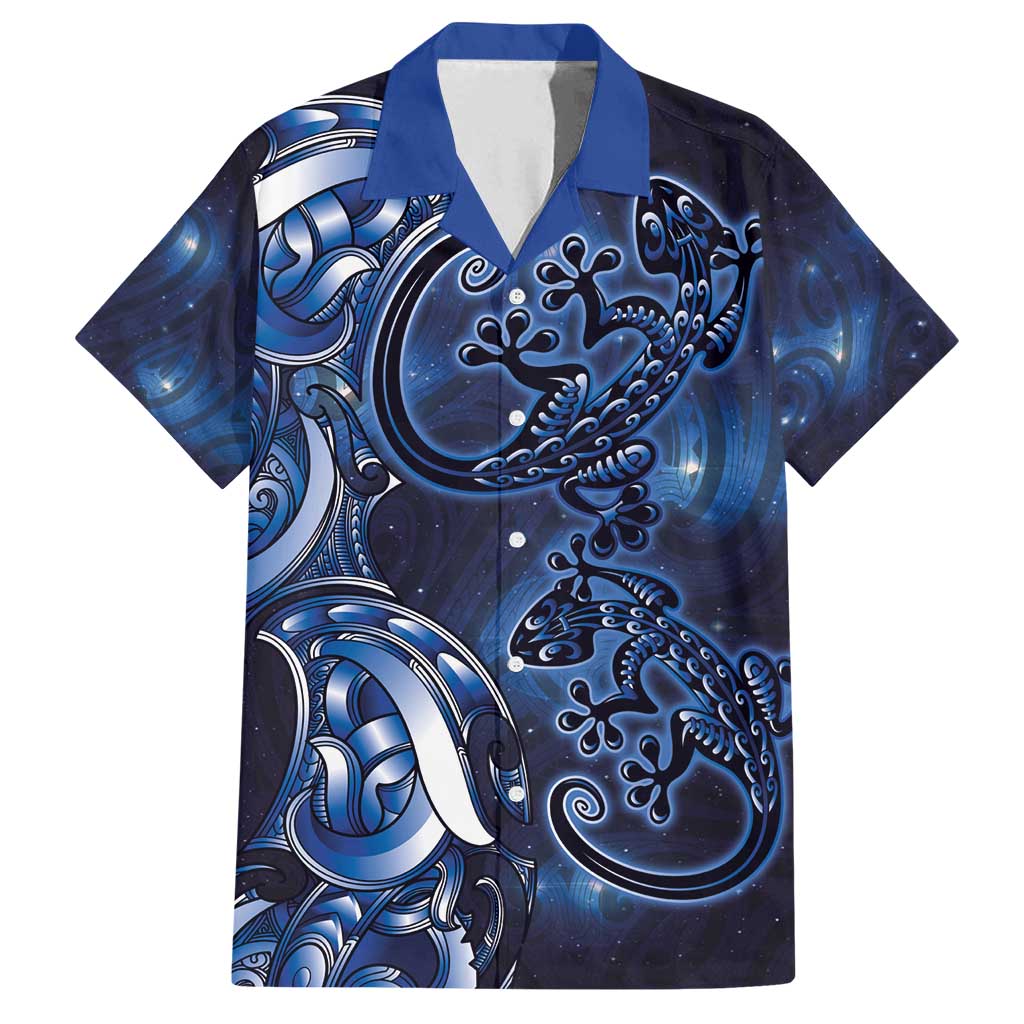 New Zealand Gecko Maori Art Tattoo Family Matching Puletasi and Hawaiian Shirt Matariki Mode LT03 Dad's Shirt - Short Sleeve Blue - Polynesian Pride