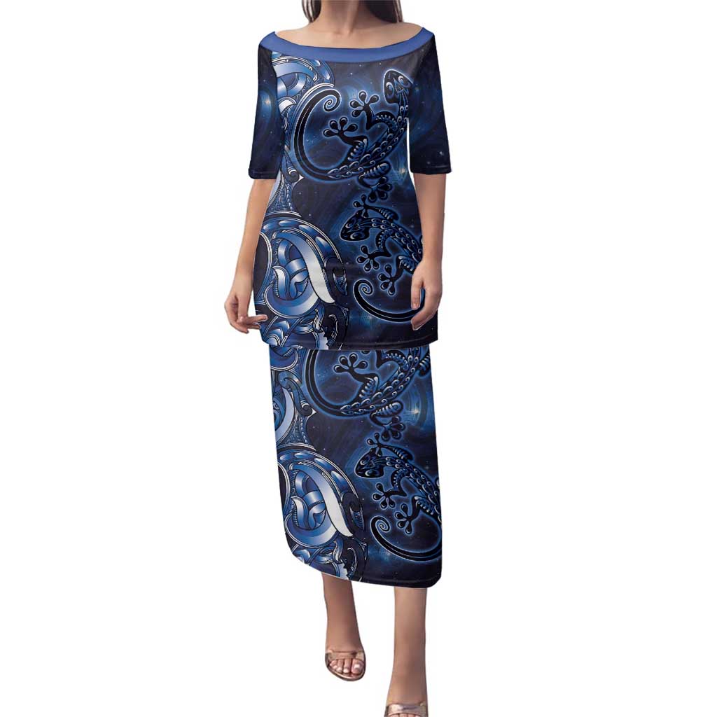 New Zealand Gecko Maori Art Tattoo Family Matching Puletasi and Hawaiian Shirt Matariki Mode LT03 Mom's Dress Blue - Polynesian Pride