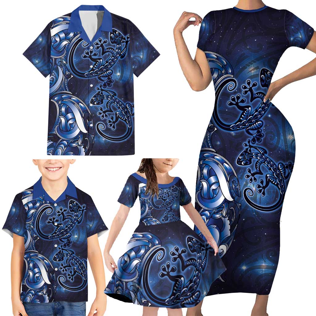 New Zealand Gecko Maori Art Tattoo Family Matching Short Sleeve Bodycon Dress and Hawaiian Shirt Matariki Mode LT03 - Polynesian Pride