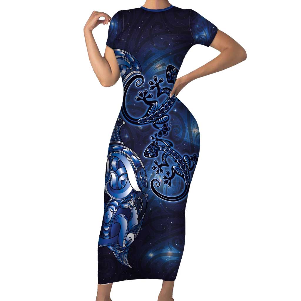 New Zealand Gecko Maori Art Tattoo Family Matching Short Sleeve Bodycon Dress and Hawaiian Shirt Matariki Mode LT03 Mom's Dress Blue - Polynesian Pride