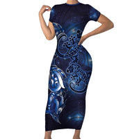New Zealand Gecko Maori Art Tattoo Family Matching Short Sleeve Bodycon Dress and Hawaiian Shirt Matariki Mode LT03 Mom's Dress Blue - Polynesian Pride