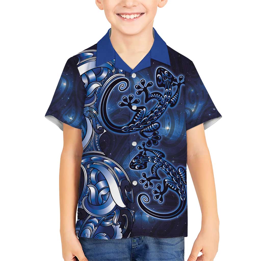 New Zealand Gecko Maori Art Tattoo Family Matching Short Sleeve Bodycon Dress and Hawaiian Shirt Matariki Mode LT03 Son's Shirt Blue - Polynesian Pride