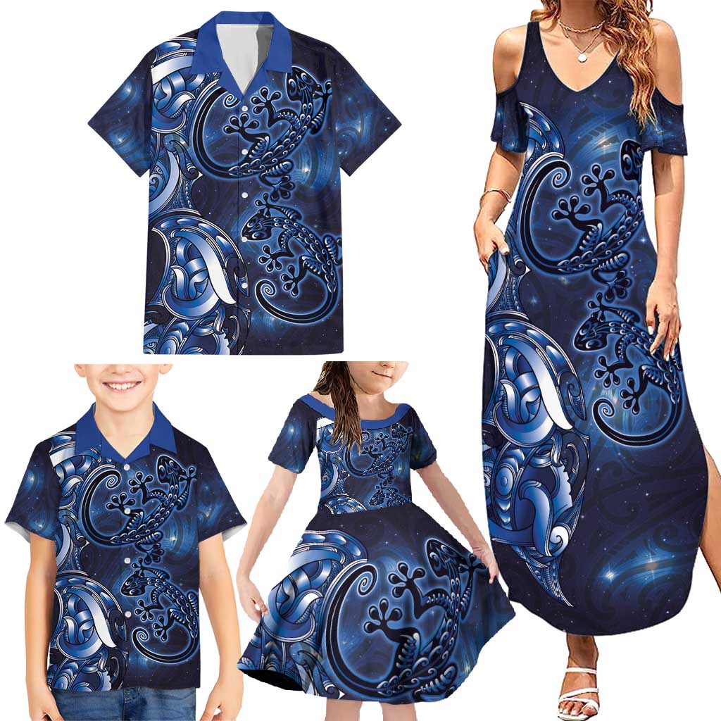 New Zealand Gecko Maori Art Tattoo Family Matching Summer Maxi Dress and Hawaiian Shirt Matariki Mode LT03 - Polynesian Pride