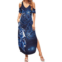 New Zealand Gecko Maori Art Tattoo Family Matching Summer Maxi Dress and Hawaiian Shirt Matariki Mode LT03 Mom's Dress Blue - Polynesian Pride