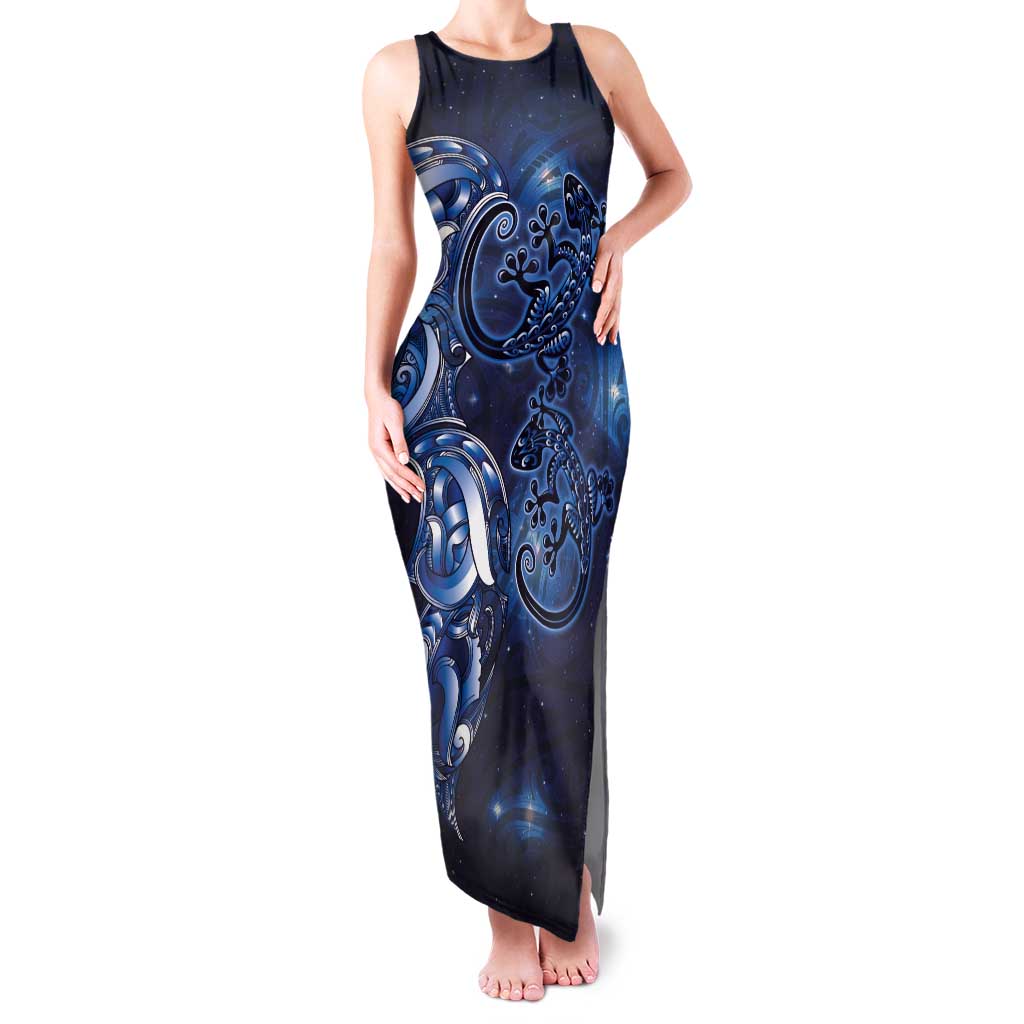 New Zealand Gecko Maori Art Tattoo Family Matching Tank Maxi Dress and Hawaiian Shirt Matariki Mode LT03 Mom's Dress Blue - Polynesian Pride