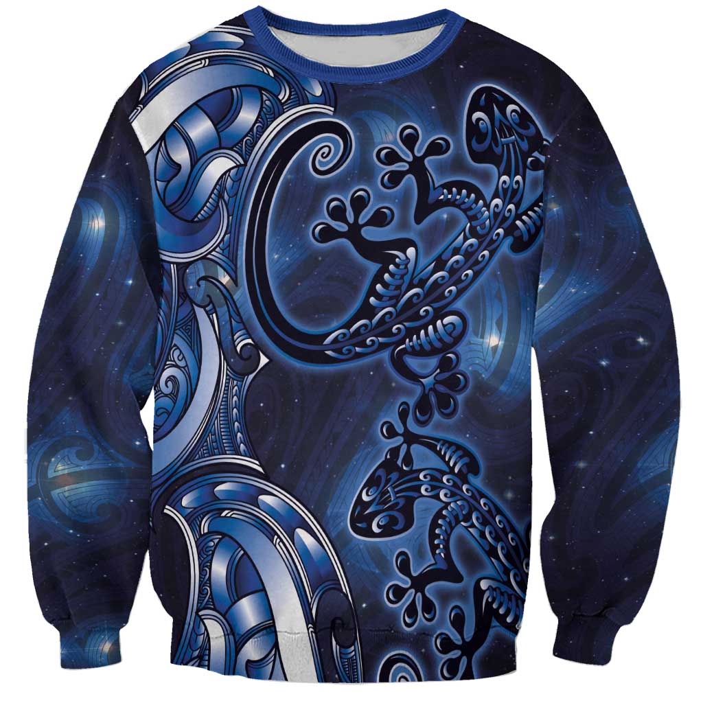 New Zealand Gecko Maori Art Tattoo Sweatshirt Matariki Mode LT03 Unisex Blue - Polynesian Pride