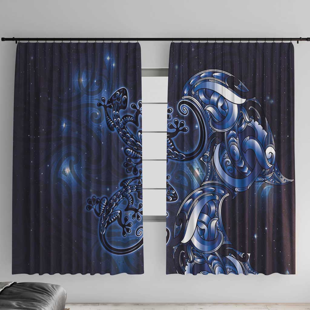 New Zealand Gecko Maori Art Tattoo Window Curtain Matariki Mode LT03 With Hooks Blue - Polynesian Pride