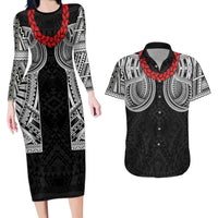 Samoan Traditional Art Tattoos Couples Matching Long Sleeve Bodycon Dress and Hawaiian Shirt Tatau Tribal Motifs with Ula Fala Black LT03 Black - Polynesian Pride