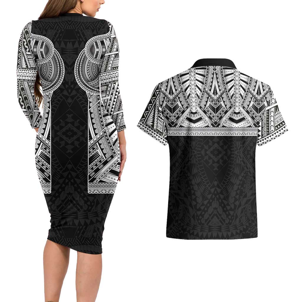 Samoan Traditional Art Tattoos Couples Matching Long Sleeve Bodycon Dress and Hawaiian Shirt Tatau Tribal Motifs with Ula Fala Black LT03 - Polynesian Pride