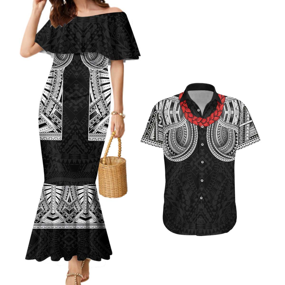 Samoan Traditional Art Tattoos Couples Matching Mermaid Dress and Hawaiian Shirt Tatau Tribal Motifs with Ula Fala Black - Polynesian Pride