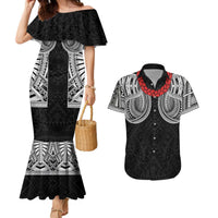 Samoan Traditional Art Tattoos Couples Matching Mermaid Dress and Hawaiian Shirt Tatau Tribal Motifs with Ula Fala Black LT03 Black - Polynesian Pride