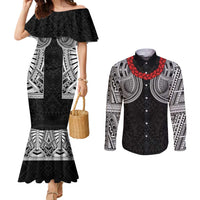Samoan Traditional Art Tattoos Couples Matching Mermaid Dress and Long Sleeve Button Shirt Tatau Tribal Motifs with Ula Fala Black LT03 Black - Polynesian Pride