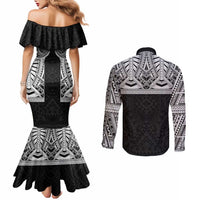 Samoan Traditional Art Tattoos Couples Matching Mermaid Dress and Long Sleeve Button Shirt Tatau Tribal Motifs with Ula Fala Black LT03 - Polynesian Pride