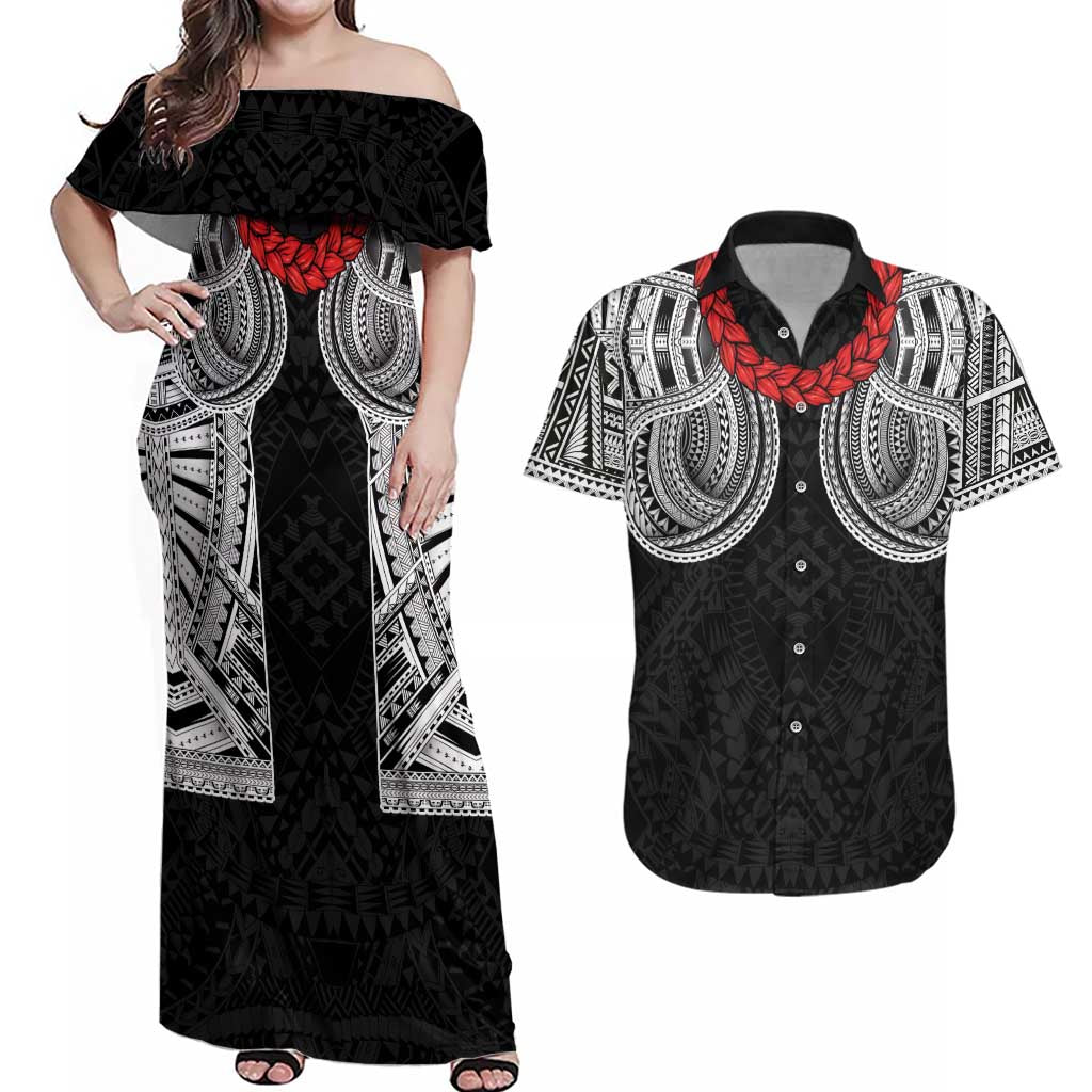Samoan Traditional Art Tattoos Couples Matching Off Shoulder Maxi Dress and Hawaiian Shirt Tatau Tribal Motifs with Ula Fala Black - Polynesian Pride