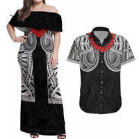Samoan Traditional Art Tattoos Couples Matching Off Shoulder Maxi Dress and Hawaiian Shirt Tatau Tribal Motifs with Ula Fala Black LT03 Black - Polynesian Pride