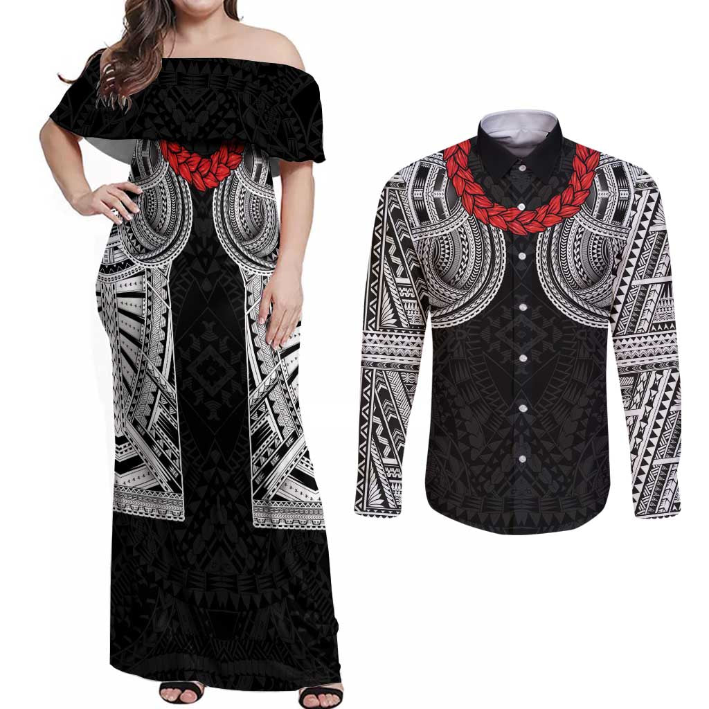 Samoan Traditional Art Tattoos Couples Matching Off Shoulder Maxi Dress and Long Sleeve Button Shirt Tatau Tribal Motifs with Ula Fala Black LT03 Black - Polynesian Pride