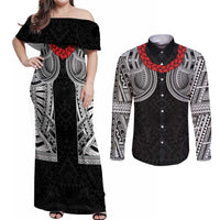 Samoan Traditional Art Tattoos Couples Matching Off Shoulder Maxi Dress and Long Sleeve Button Shirt Tatau Tribal Motifs with Ula Fala Black LT03 Black - Polynesian Pride