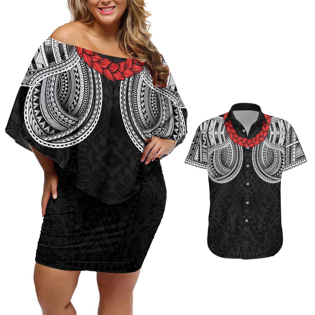 Samoan Traditional Art Tattoos Couples Matching Off Shoulder Short Dress and Hawaiian Shirt Tatau Tribal Motifs with Ula Fala Black LT03 Black - Polynesian Pride