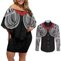 Samoan Traditional Art Tattoos Couples Matching Off Shoulder Short Dress and Long Sleeve Button Shirt Tatau Tribal Motifs with Ula Fala Black LT03 Black - Polynesian Pride