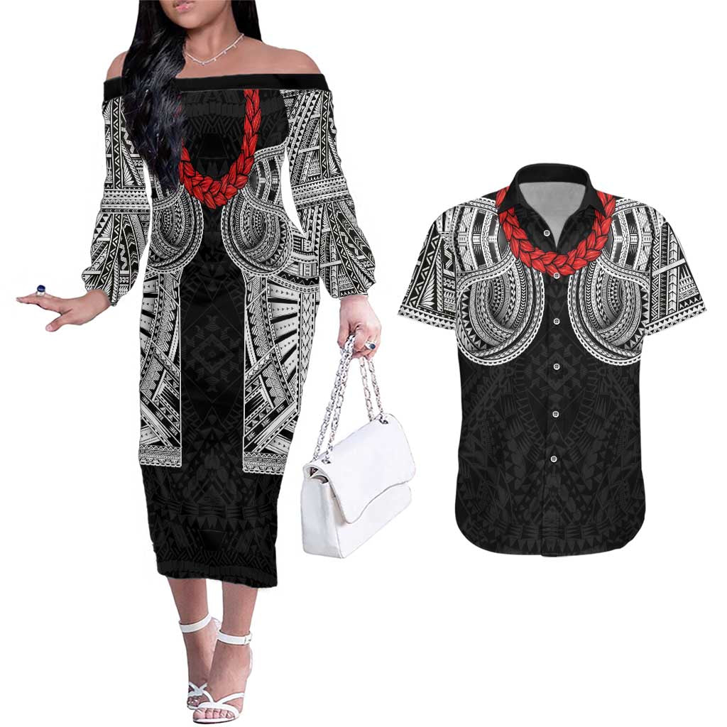 Samoan Traditional Art Tattoos Couples Matching Off The Shoulder Long Sleeve Dress and Hawaiian Shirt Tatau Tribal Motifs with Ula Fala Black LT03 Black - Polynesian Pride
