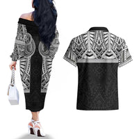 Samoan Traditional Art Tattoos Couples Matching Off The Shoulder Long Sleeve Dress and Hawaiian Shirt Tatau Tribal Motifs with Ula Fala Black LT03 - Polynesian Pride