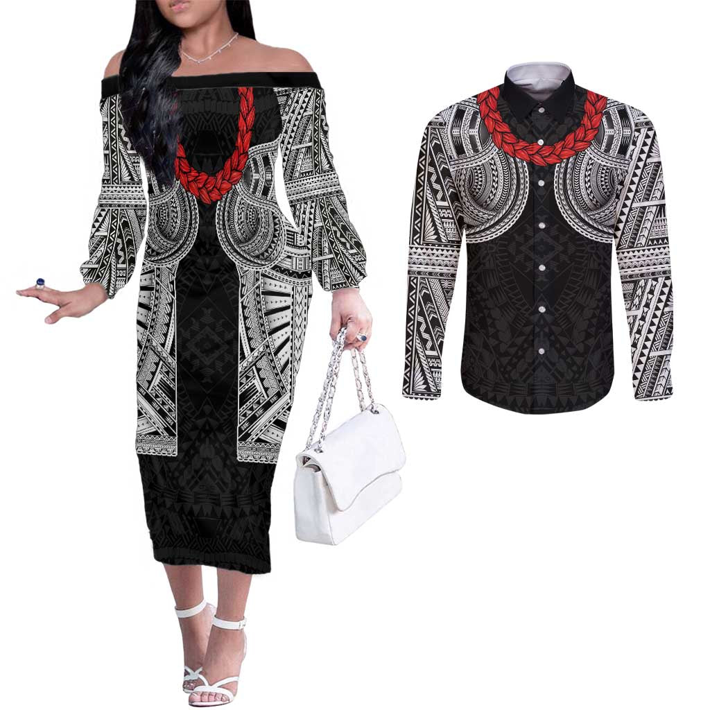Samoan Traditional Art Tattoos Couples Matching Off The Shoulder Long Sleeve Dress and Long Sleeve Button Shirt Tatau Tribal Motifs with Ula Fala Black LT03 Black - Polynesian Pride