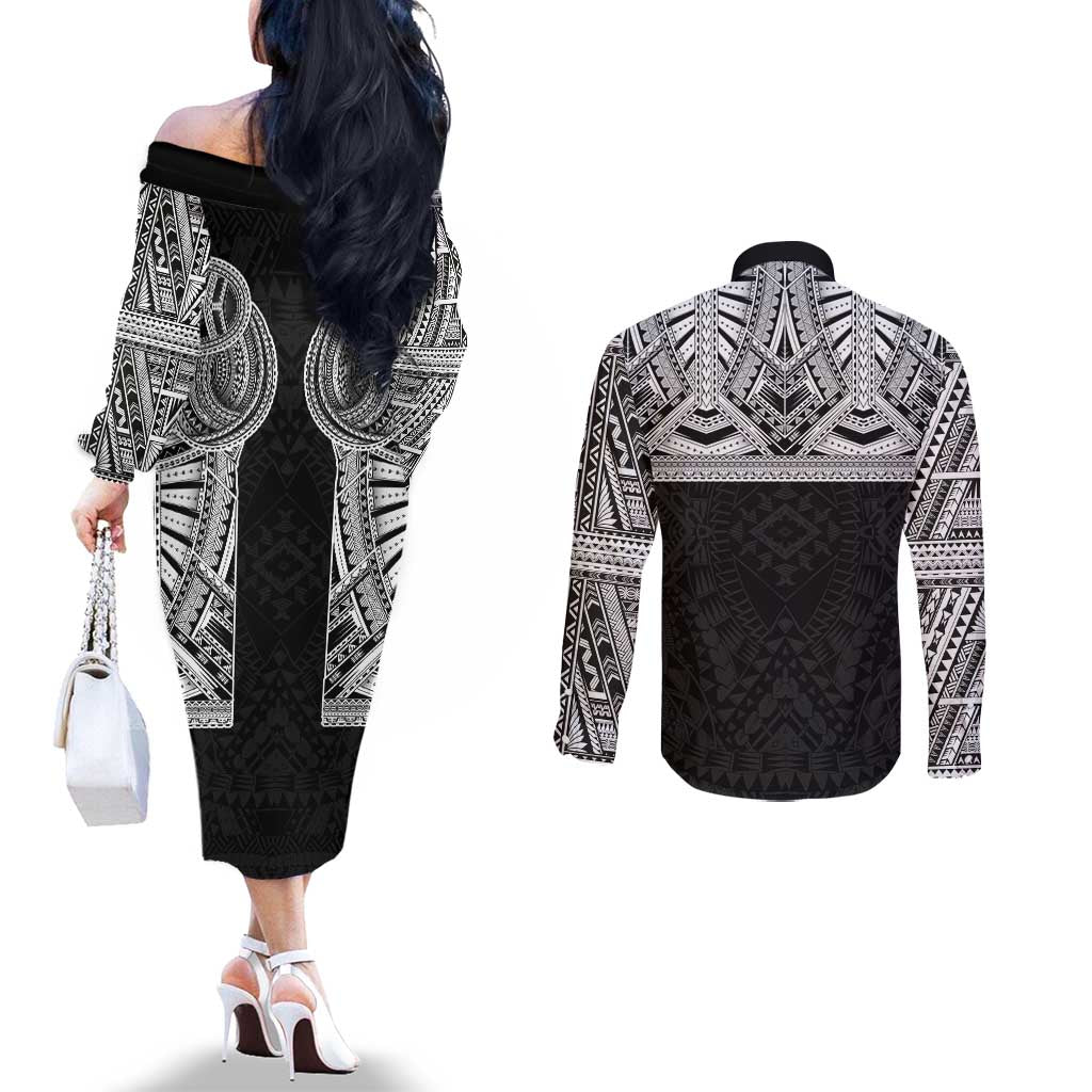 Samoan Traditional Art Tattoos Couples Matching Off The Shoulder Long Sleeve Dress and Long Sleeve Button Shirt Tatau Tribal Motifs with Ula Fala Black LT03 - Polynesian Pride