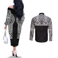 Samoan Traditional Art Tattoos Couples Matching Off The Shoulder Long Sleeve Dress and Long Sleeve Button Shirt Tatau Tribal Motifs with Ula Fala Black LT03 - Polynesian Pride
