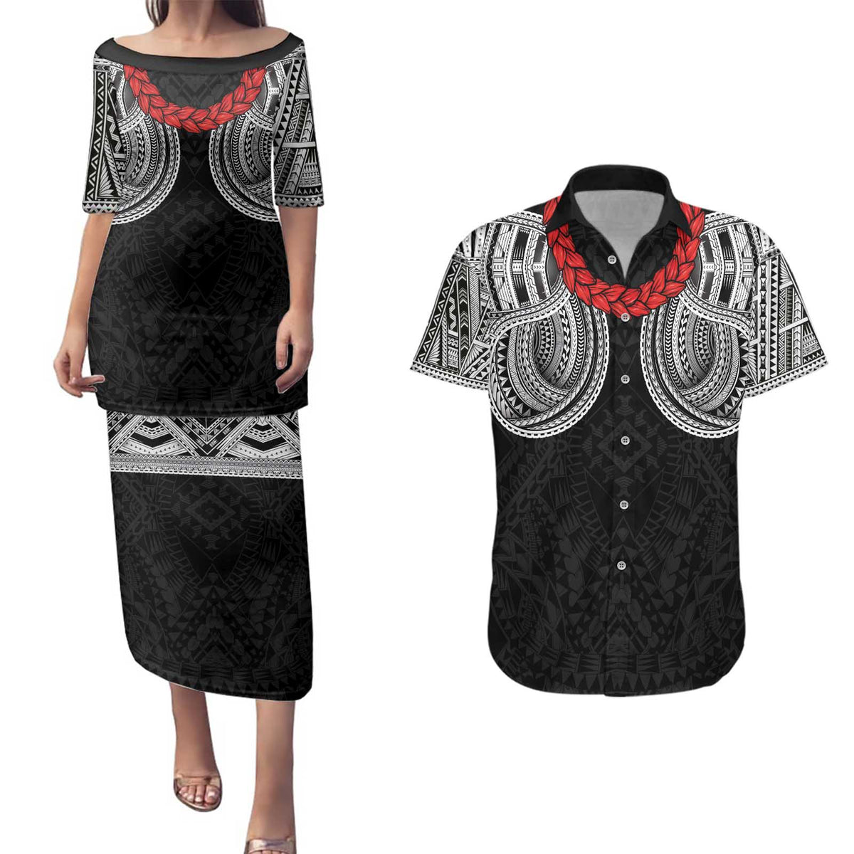 Samoan Traditional Art Tattoos Couples Matching Puletasi and Hawaiian Shirt Tatau Tribal Motifs with Ula Fala Black - Polynesian Pride