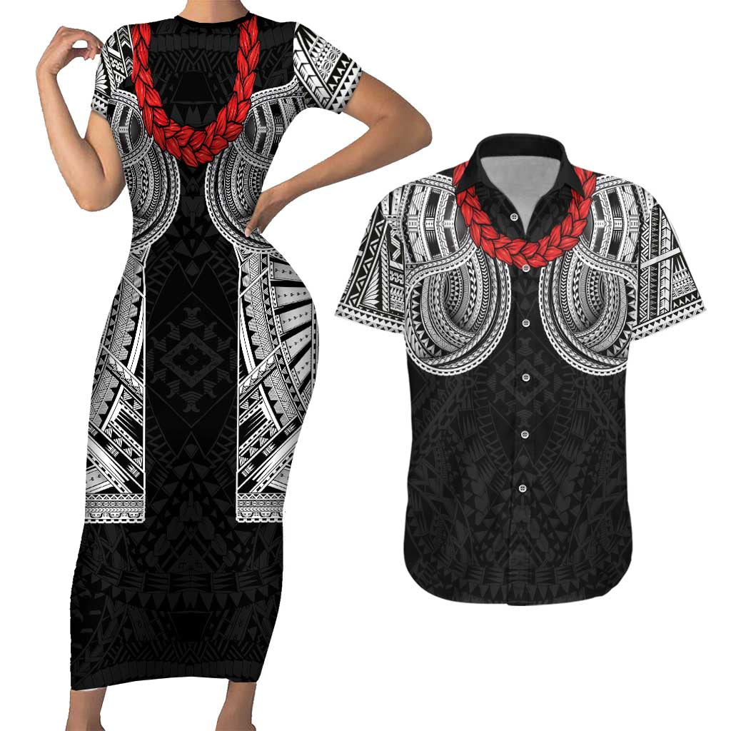 Samoan Traditional Art Tattoos Couples Matching Short Sleeve Bodycon Dress and Hawaiian Shirt Tatau Tribal Motifs with Ula Fala Black LT03 Black - Polynesian Pride