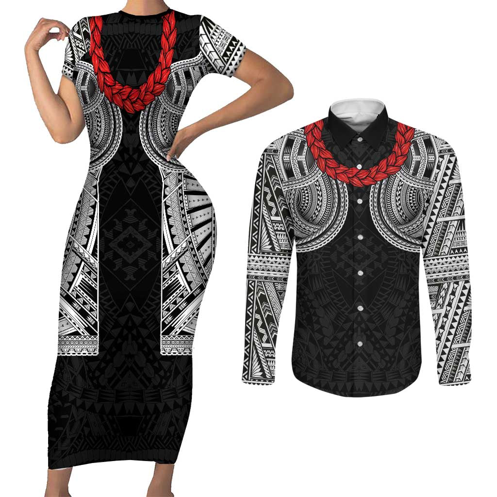 Samoan Traditional Art Tattoos Couples Matching Short Sleeve Bodycon Dress and Long Sleeve Button Shirt Tatau Tribal Motifs with Ula Fala Black LT03 Black - Polynesian Pride