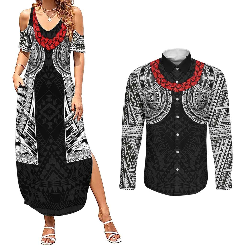 Samoan Traditional Art Tattoos Couples Matching Summer Maxi Dress and Long Sleeve Button Shirt Tatau Tribal Motifs with Ula Fala Black - Polynesian Pride