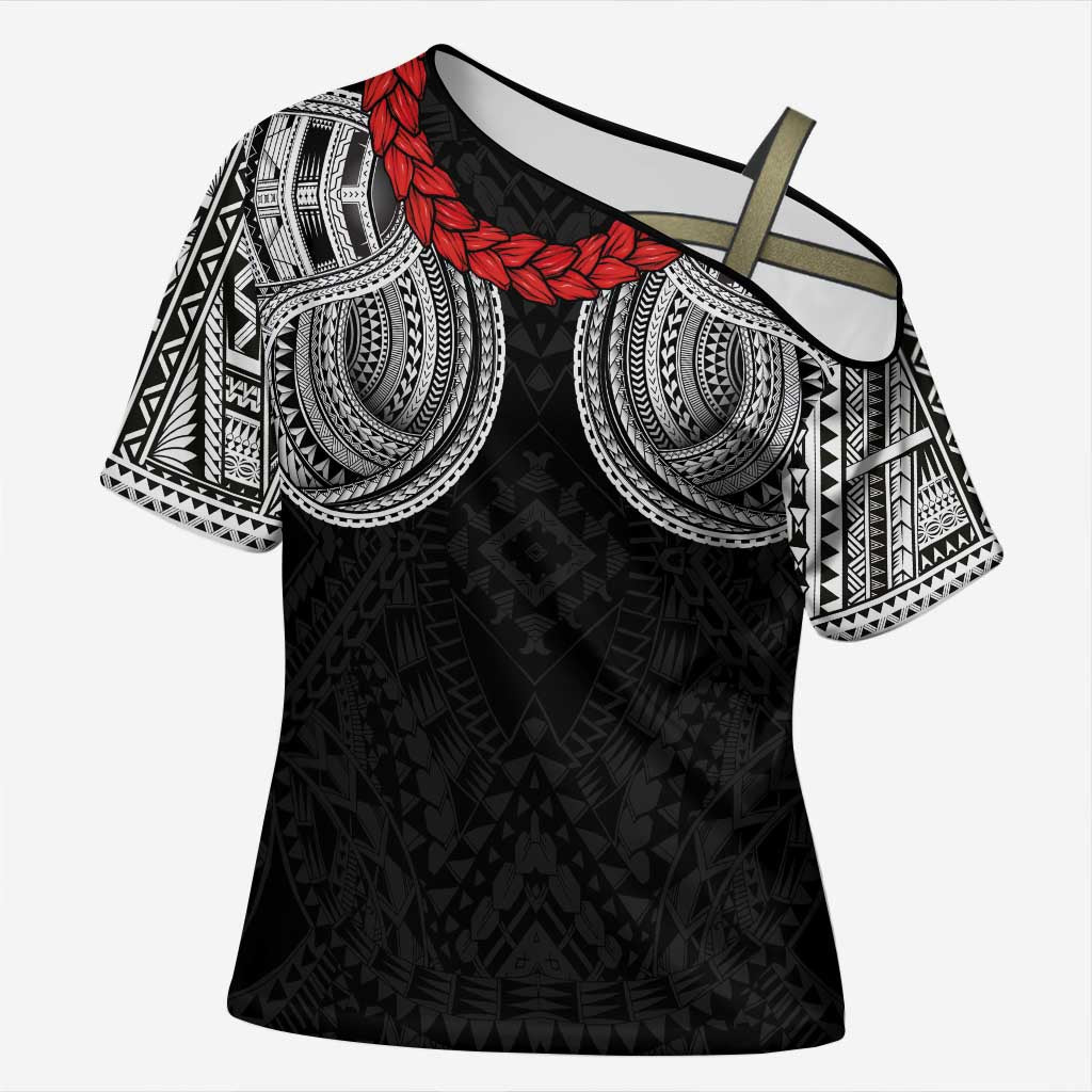 Samoan Traditional Art Tattoos Cross Shoulder Shirt Tatau Tribal Motifs with Ula Fala Black - Polynesian Pride