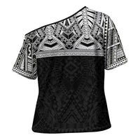 Samoan Traditional Art Tattoos Cross Shoulder Shirt Tatau Tribal Motifs with Ula Fala Black LT03 - Polynesian Pride