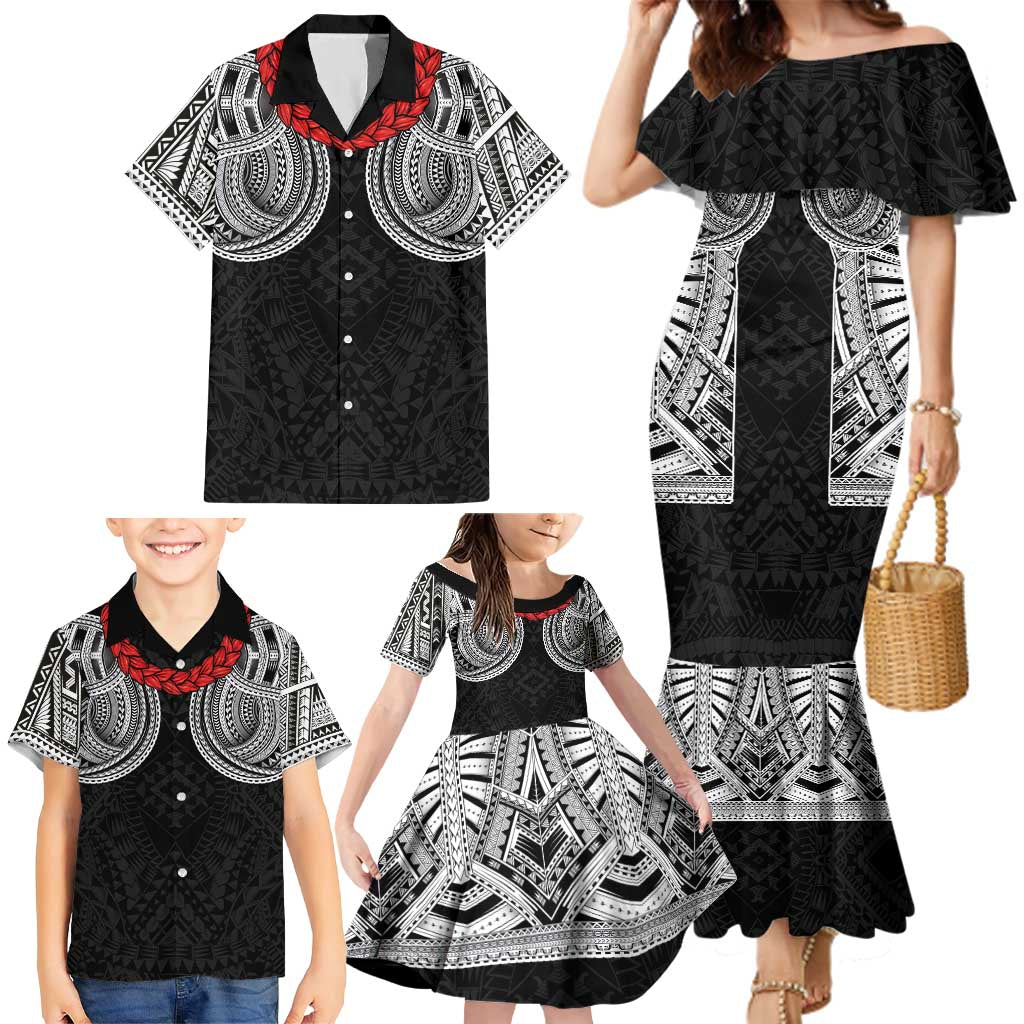 Samoan Traditional Art Tattoos Family Matching Mermaid Dress and Hawaiian Shirt Tatau Tribal Motifs with Ula Fala Black - Polynesian Pride