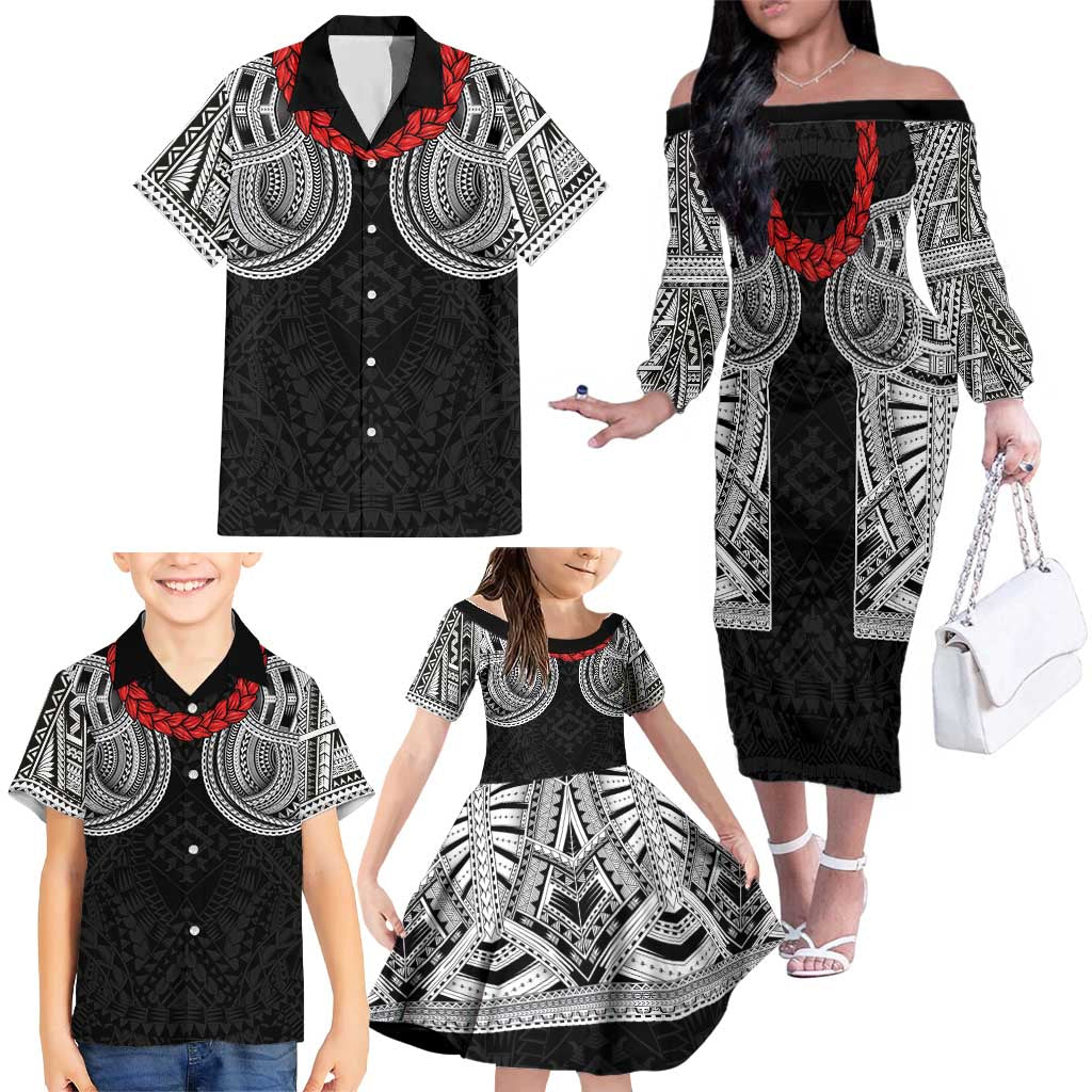 Samoan Traditional Art Tattoos Family Matching Off The Shoulder Long Sleeve Dress and Hawaiian Shirt Tatau Tribal Motifs with Ula Fala Black - Polynesian Pride