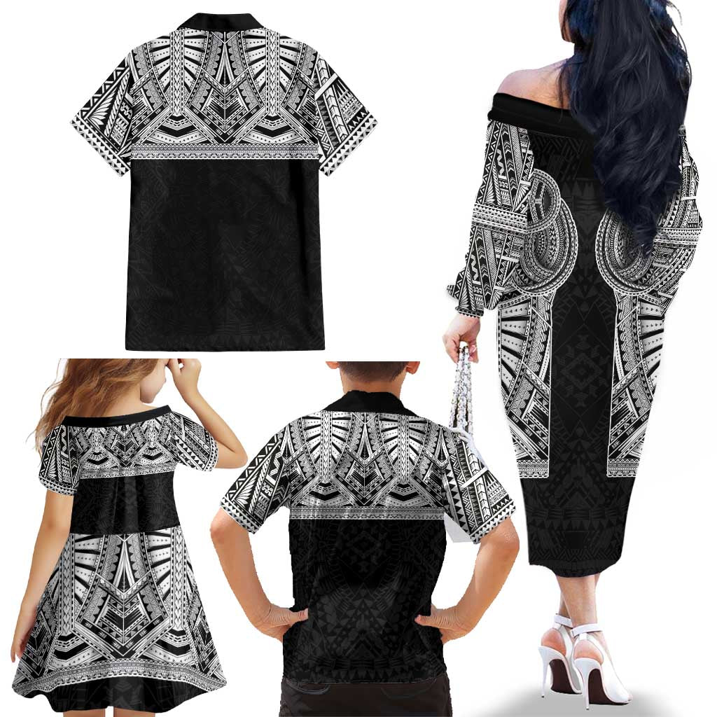 Samoan Traditional Art Tattoos Family Matching Off The Shoulder Long Sleeve Dress and Hawaiian Shirt Tatau Tribal Motifs with Ula Fala Black LT03 - Polynesian Pride