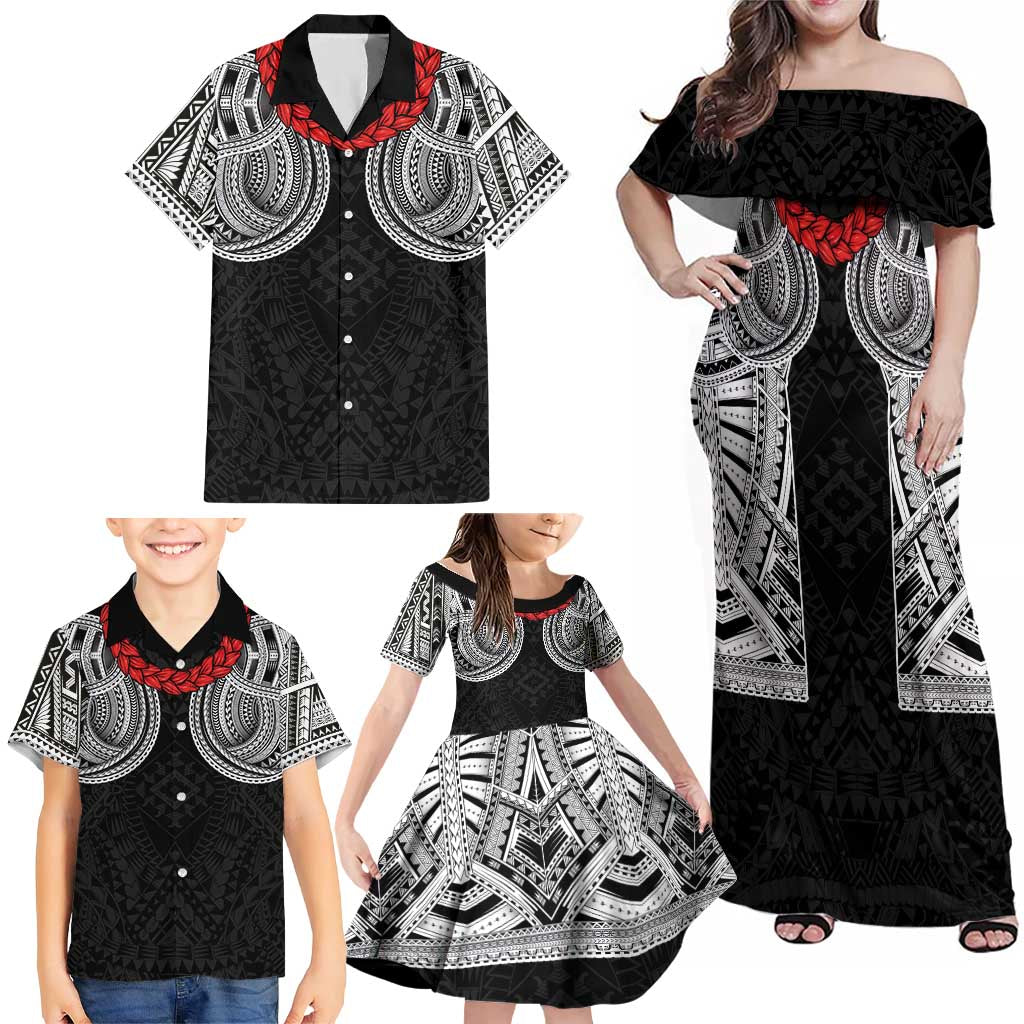 Samoan Traditional Art Tattoos Family Matching Off Shoulder Maxi Dress and Hawaiian Shirt Tatau Tribal Motifs with Ula Fala Black LT03 - Polynesian Pride