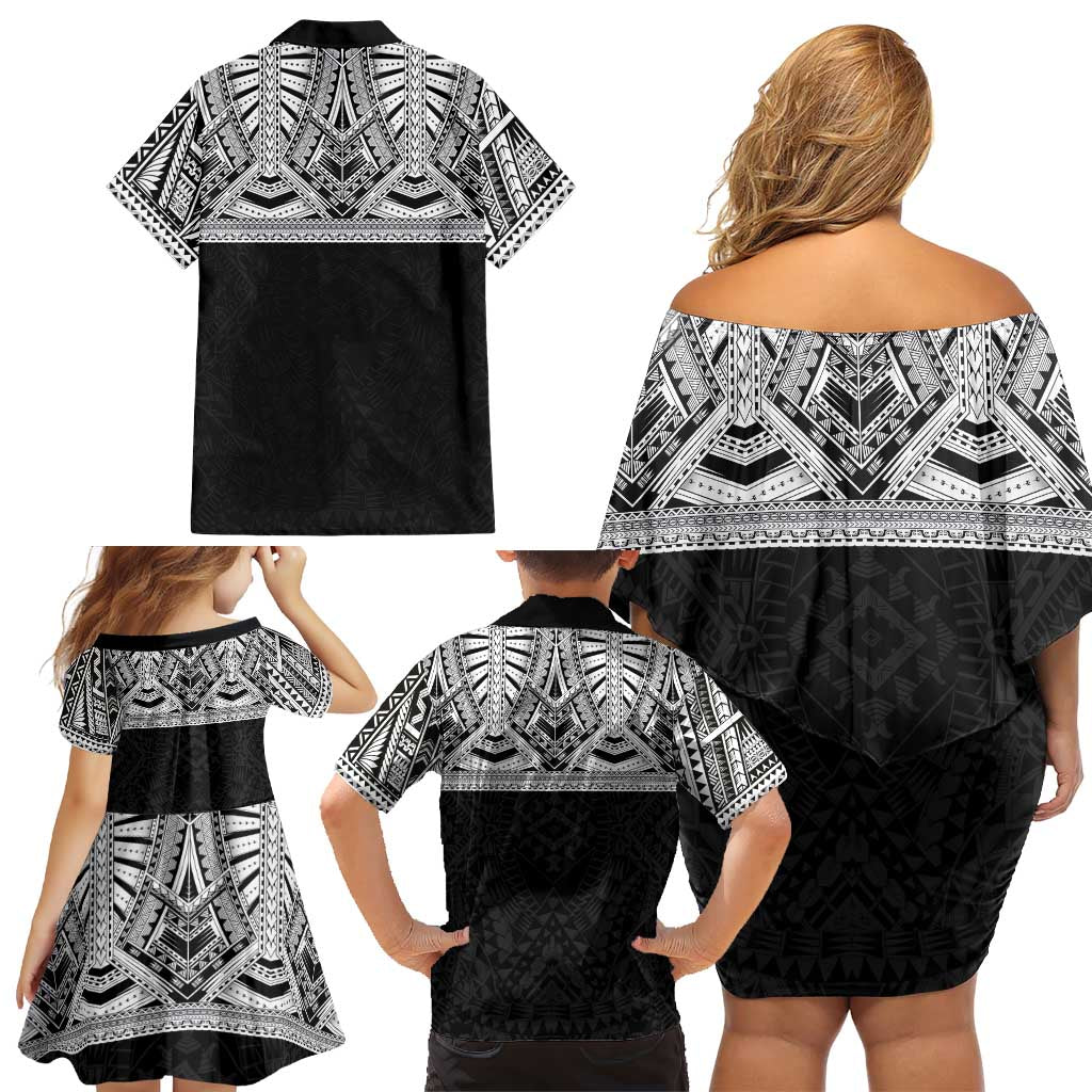 Samoan Traditional Art Tattoos Family Matching Off Shoulder Short Dress and Hawaiian Shirt Tatau Tribal Motifs with Ula Fala Black LT03 - Polynesian Pride