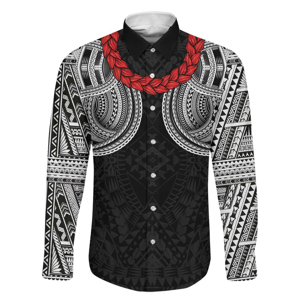 Samoan Traditional Art Tattoos Family Matching Off Shoulder Short Dress and Hawaiian Shirt Tatau Tribal Motifs with Ula Fala Black LT03 Dad's Shirt - Long Sleeve Black - Polynesian Pride