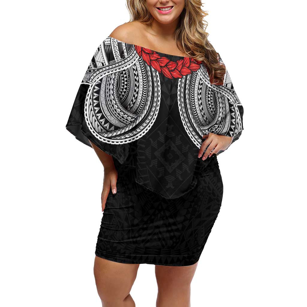 Samoan Traditional Art Tattoos Family Matching Off Shoulder Short Dress and Hawaiian Shirt Tatau Tribal Motifs with Ula Fala Black LT03 Mom's Dress Black - Polynesian Pride
