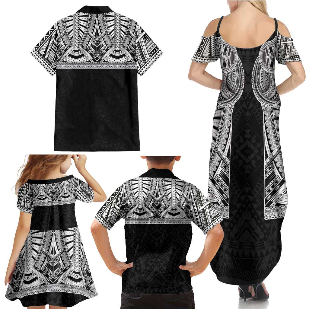 Samoan Traditional Art Tattoos Family Matching Summer Maxi Dress and Hawaiian Shirt Tatau Tribal Motifs with Ula Fala Black LT03 - Polynesian Pride