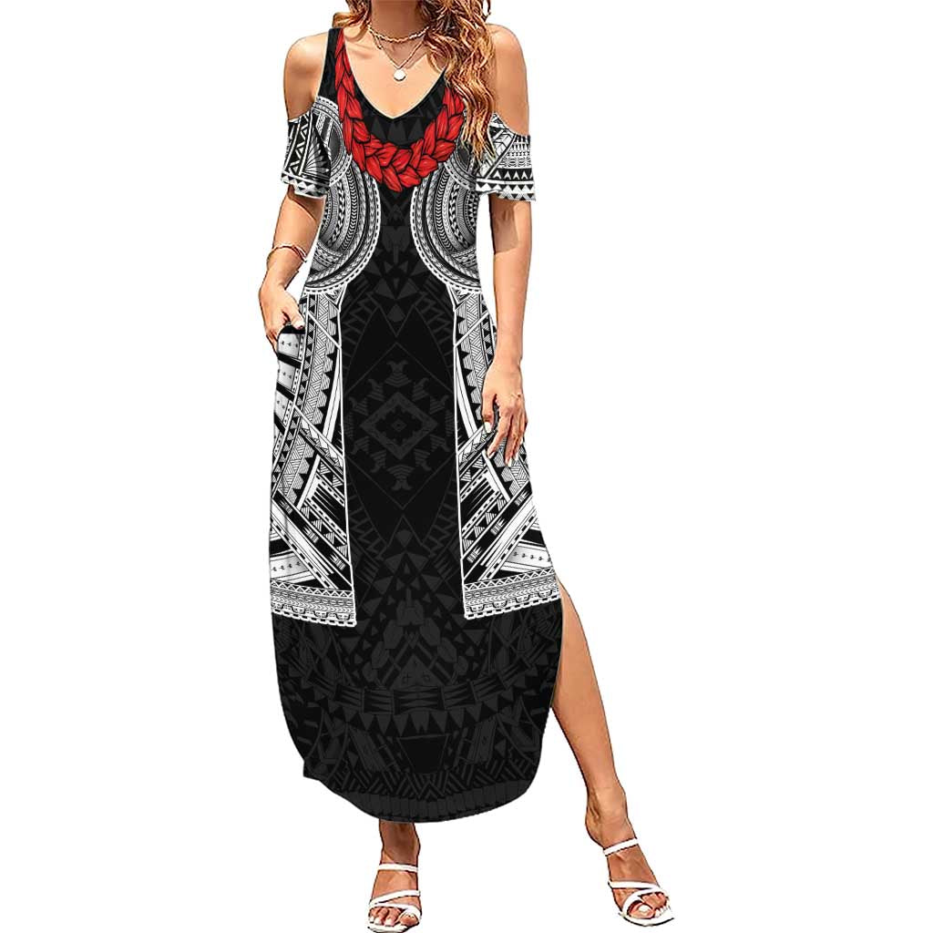 Samoan Traditional Art Tattoos Family Matching Summer Maxi Dress and Hawaiian Shirt Tatau Tribal Motifs with Ula Fala Black LT03 Mom's Dress Black - Polynesian Pride