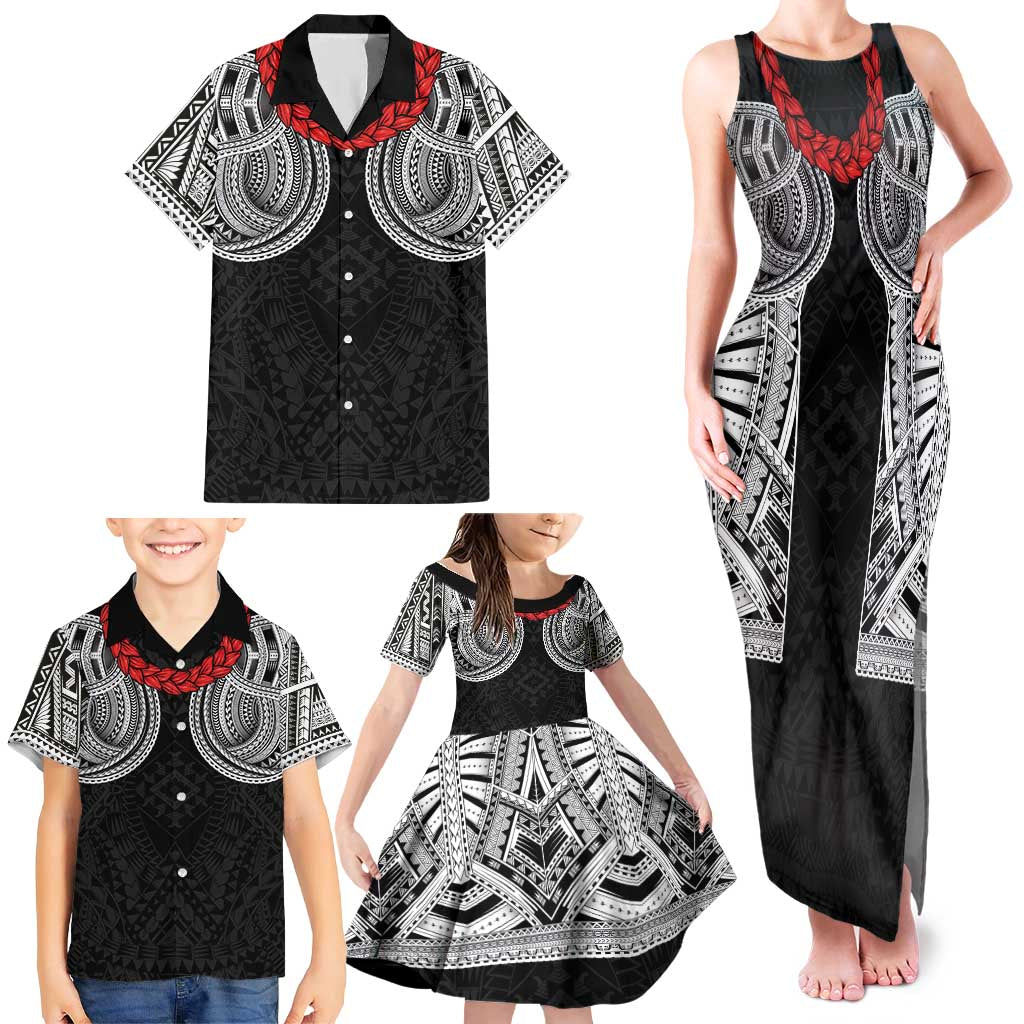 Samoan Traditional Art Tattoos Family Matching Tank Maxi Dress and Hawaiian Shirt Tatau Tribal Motifs with Ula Fala Black LT03 - Polynesian Pride