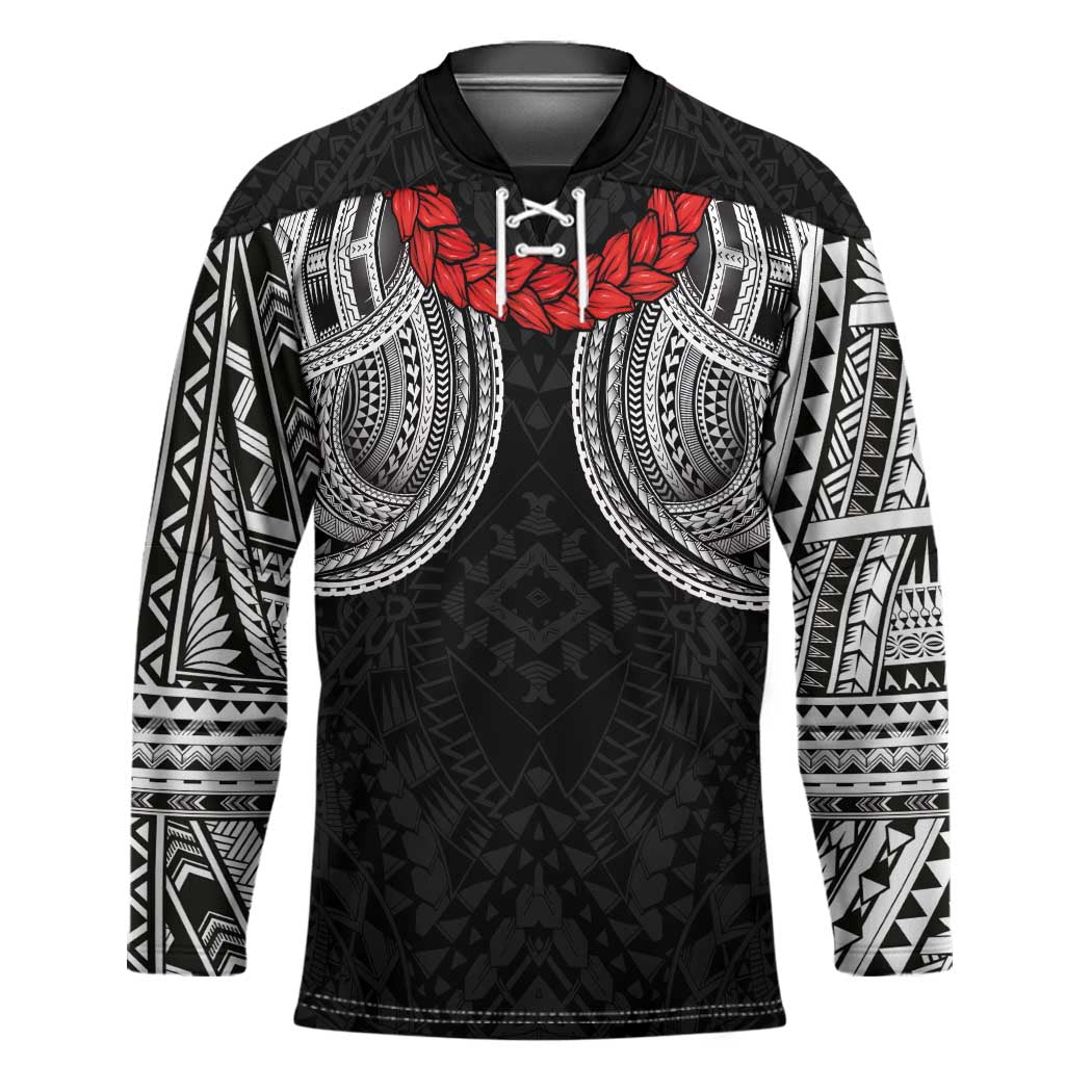 Samoan Traditional Art Tattoos Hockey Jersey Tatau Tribal Motifs with Ula Fala Black LT03 Unisex Black - Polynesian Pride